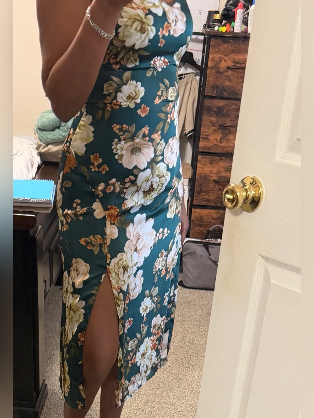 Floral Midi Dress with Side Slit - Teal Green